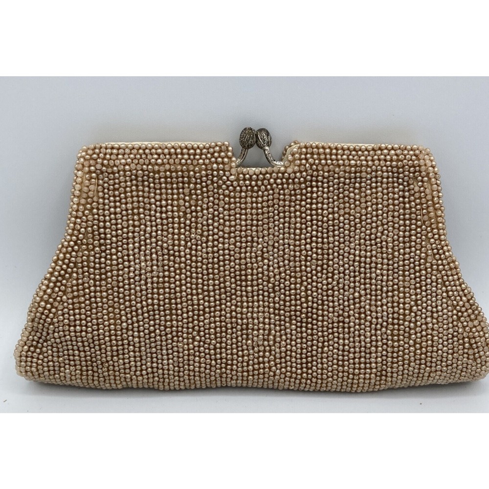 Vintage Beige Beaded Clutch Evening Bag Purse
